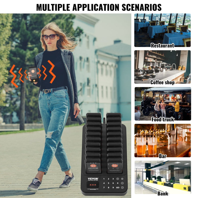 VEVOR Restaurant Pager System, Wireless 400m Long Range Lineup Waiting Queue Signal, Guest Customer Calling Beepers with Vibration & Flashing, 20 Buzzers for Food Truck, Church, Nursery, Hospital