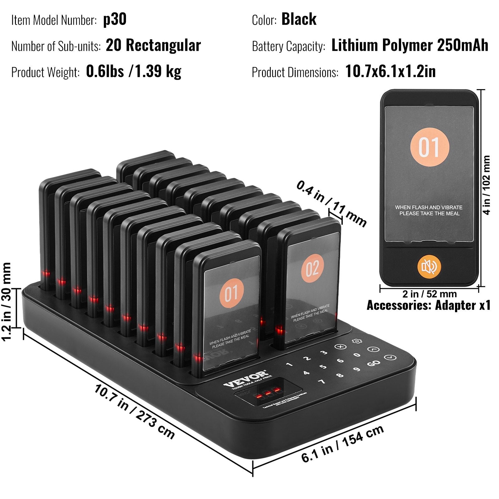 VEVOR Restaurant Pager System, Wireless 400m Long Range Lineup Waiting Queue Signal, Guest Customer Calling Beepers with Vibration & Flashing, 20 Buzzers for Food Truck, Church, Nursery, Hospital