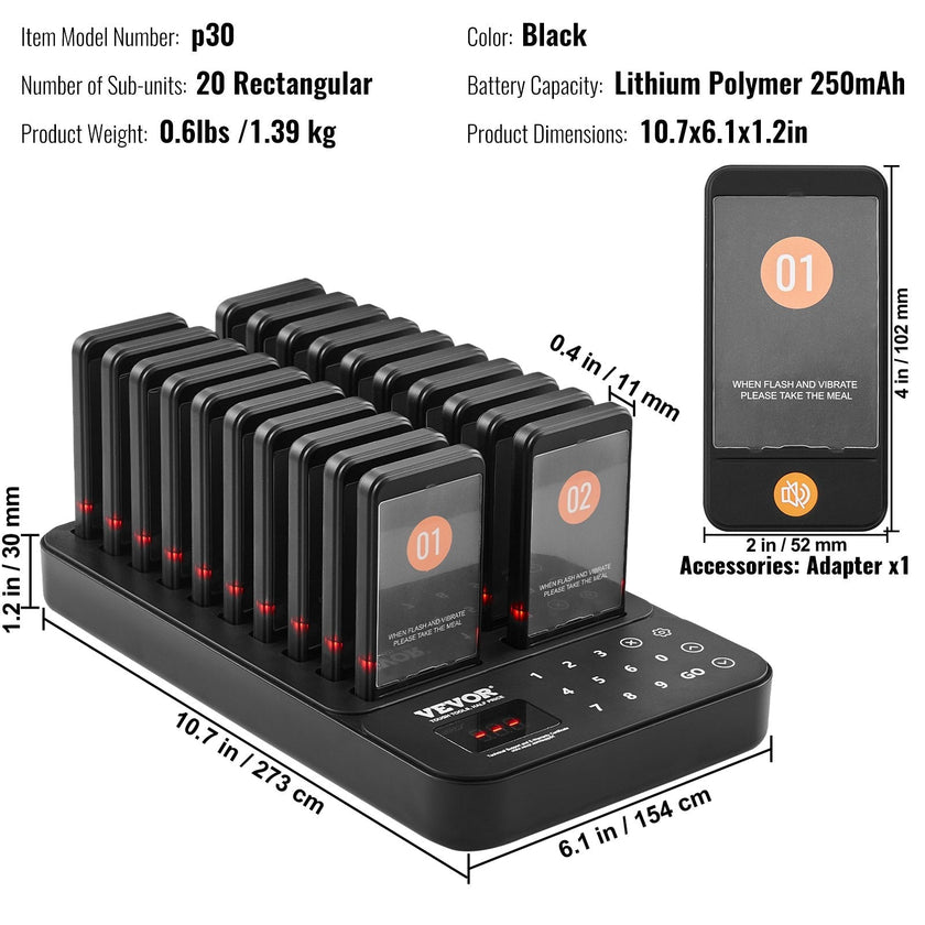 VEVOR Restaurant Pager System, Wireless 400m Long Range Lineup Waiting Queue Signal, Guest Customer Calling Beepers with Vibration & Flashing, 20 Buzzers for Food Truck, Church, Nursery, Hospital