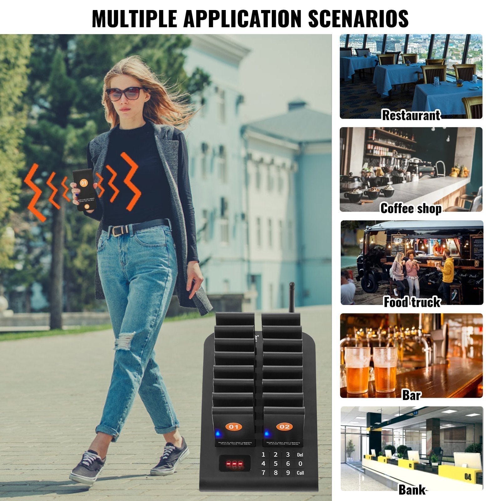 VEVOR Restaurant Pager System, Wireless 500m Long Range Lineup Waiting Queue Signal, Guest Customer Calling Beepers with Vibration & Flashing, 16 Buzzers for Food Truck, Church, Nursery, Hospital