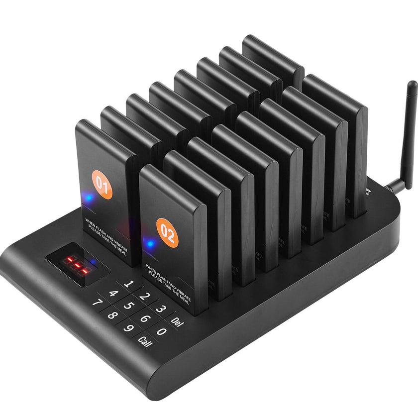VEVOR Restaurant Pager System, Wireless 500m Long Range Lineup Waiting Queue Signal, Guest Customer Calling Beepers with Vibration & Flashing, 16 Buzzers for Food Truck, Church, Nursery, Hospital