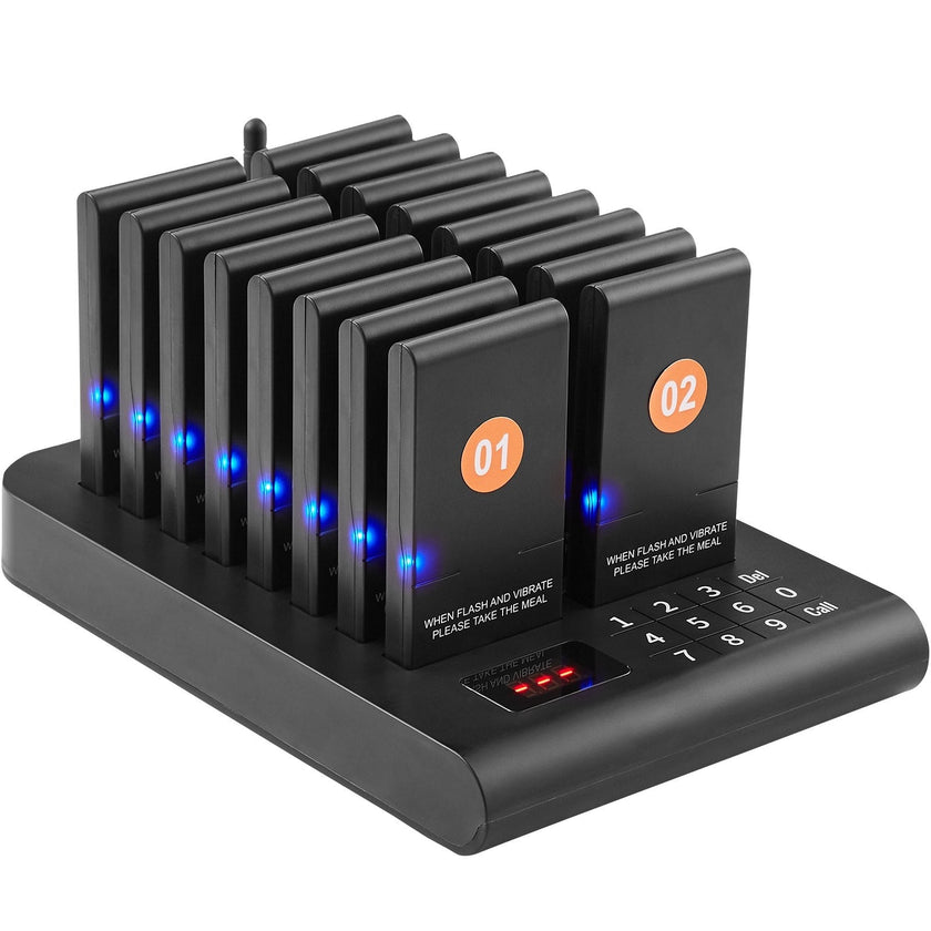 VEVOR Restaurant Pager System, Wireless 500m Long Range Lineup Waiting Queue Signal, Guest Customer Calling Beepers with Vibration & Flashing, 16 Buzzers for Food Truck, Church, Nursery, Hospital