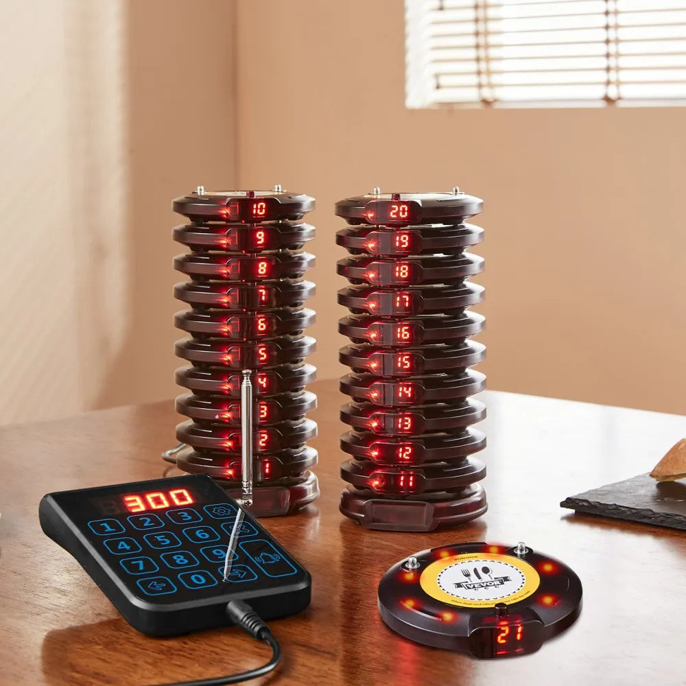VEVOR Restaurant Pager System, Wireless 500m Long Range Lineup Waiting Queue Signal, Guest Customer Calling Beepers with Vibration & Flashing, 20 Buzzers for Food Truck, Church, Nursery, Hospital
