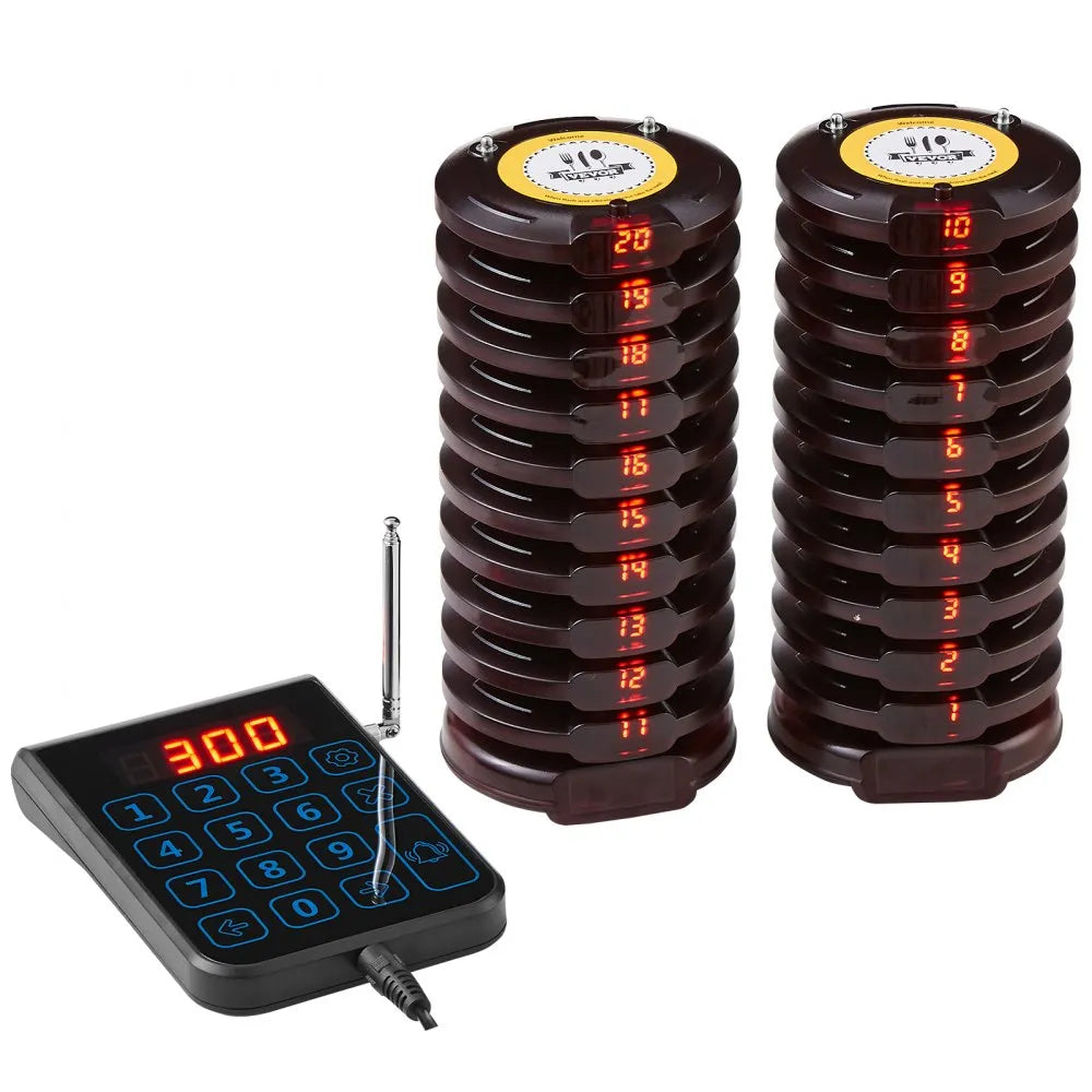 VEVOR Restaurant Pager System, Wireless 500m Long Range Lineup Waiting Queue Signal, Guest Customer Calling Beepers with Vibration & Flashing, 20 Buzzers for Food Truck, Church, Nursery, Hospital