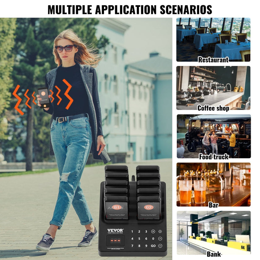 VEVOR Restaurant Pager System, Wireless 400m Long Range Lineup Waiting Queue Signal, Guest Customer Calling Beepers with Vibration & Flashing, 10 Buzzers for Food Truck, Church, Nursery, Hospital
