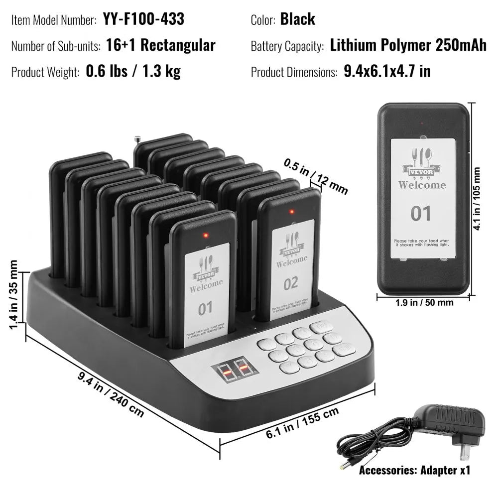VEVOR Restaurant Pager System, Wireless 500m Long Range Lineup Waiting Queue Signal, Guest Customer Calling Beepers with Vibration & Flashing, 16 Buzzers for Food Truck, Church, Nursery, Hospital