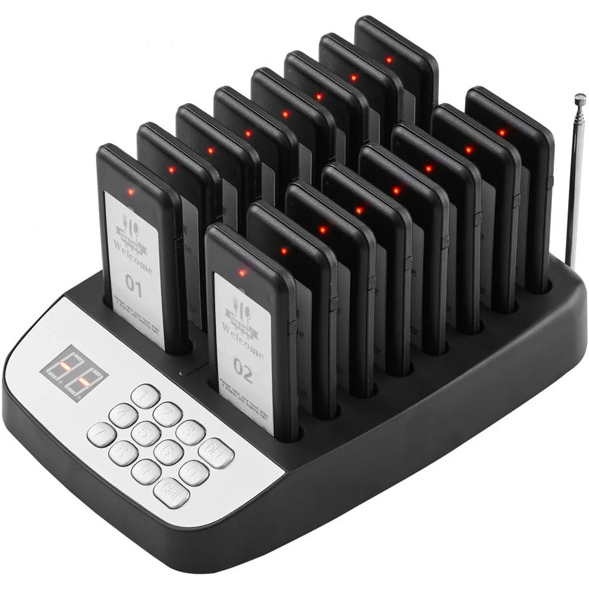 VEVOR Restaurant Pager System, Wireless 500m Long Range Lineup Waiting Queue Signal, Guest Customer Calling Beepers with Vibration & Flashing, 16 Buzzers for Food Truck, Church, Nursery, Hospital