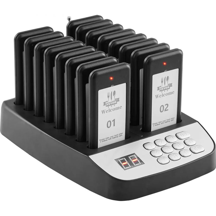 VEVOR Restaurant Pager System, Wireless 500m Long Range Lineup Waiting Queue Signal, Guest Customer Calling Beepers with Vibration & Flashing, 16 Buzzers for Food Truck, Church, Nursery, Hospital