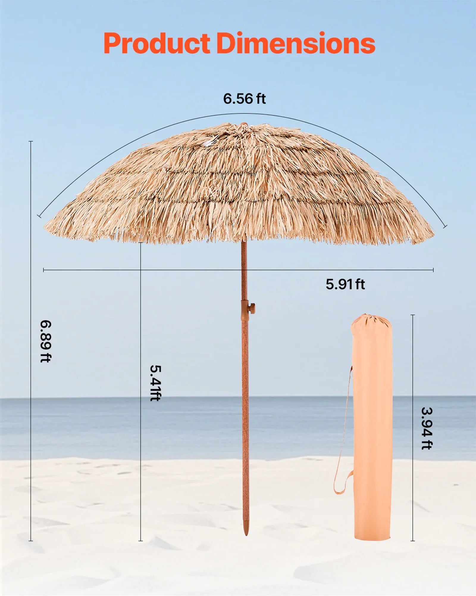 VEVOR Tiki Umbrella Thatched Patio Umbrella 6.5 ft Poolside Patio Beach Umbrella