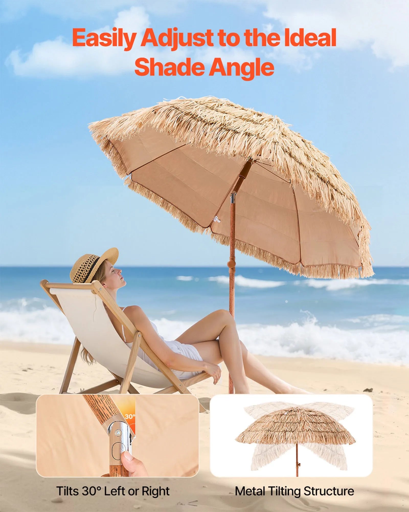 VEVOR Tiki Umbrella Thatched Patio Umbrella 6.5 ft Poolside Patio Beach Umbrella