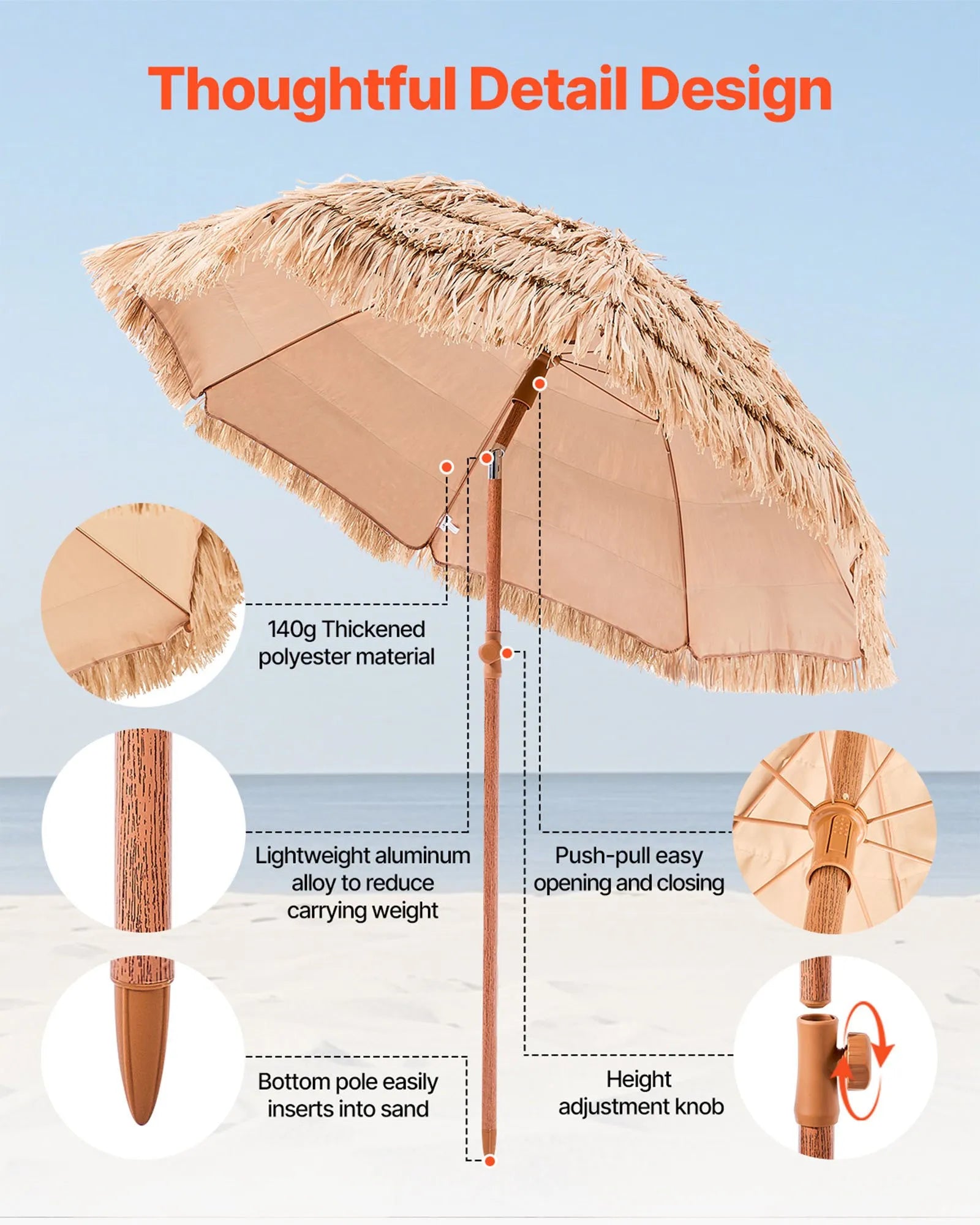 VEVOR Tiki Umbrella Thatched Patio Umbrella 6.5 ft Poolside Patio Beach Umbrella