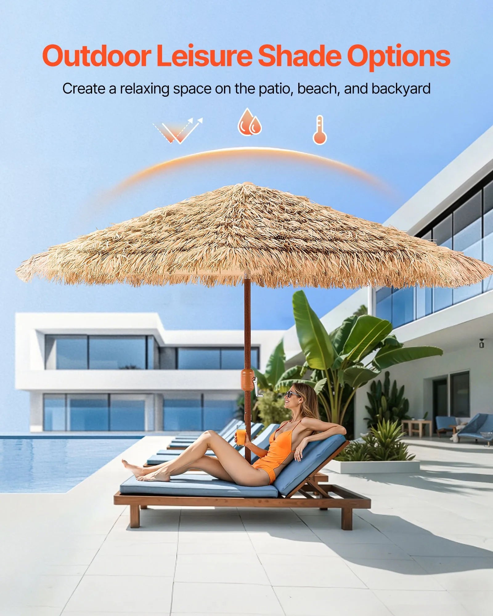 VEVOR Tiki Umbrella Thatched Patio Umbrella 9 ft Poolside Patio Beach Umbrella