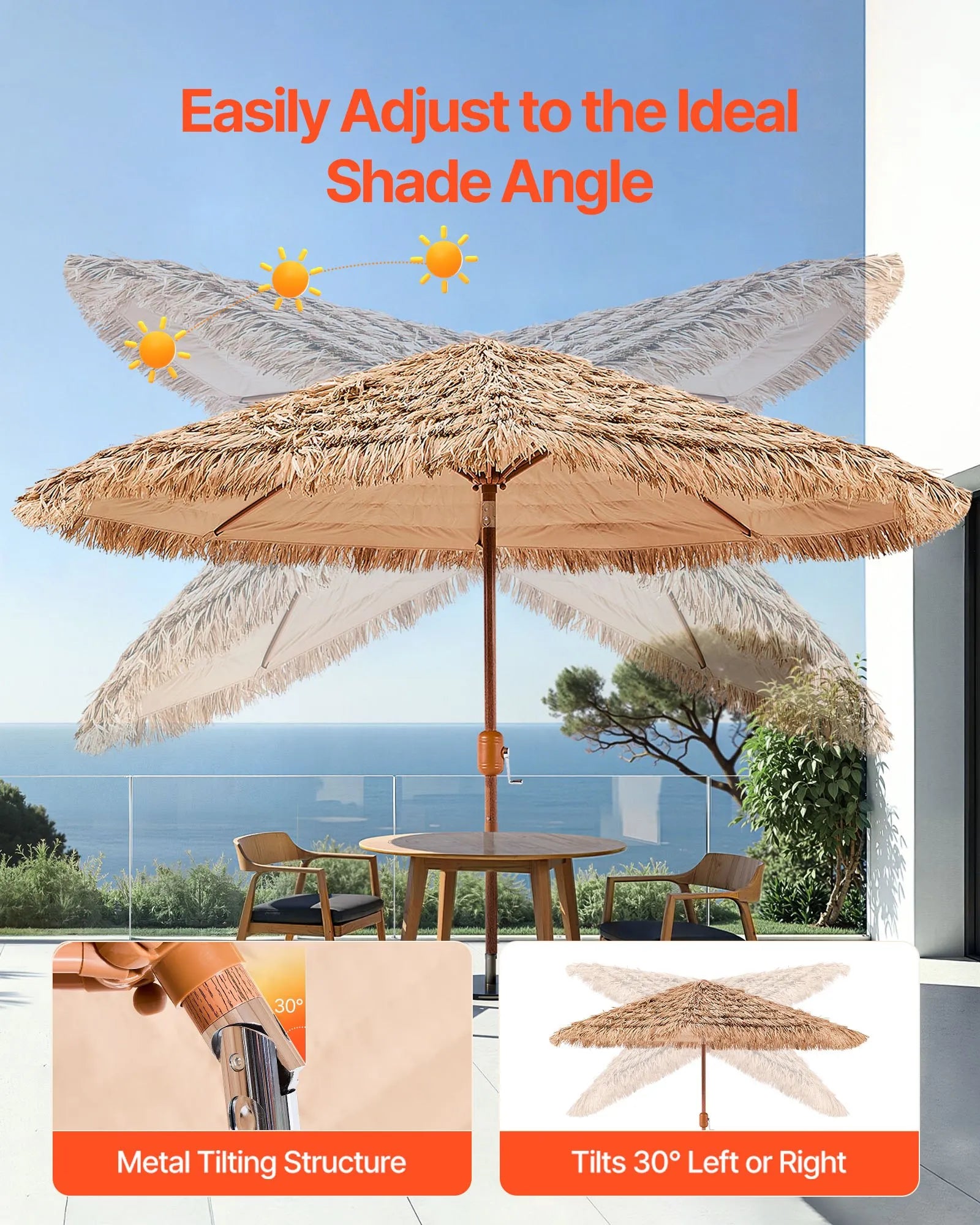 VEVOR Tiki Umbrella Thatched Patio Umbrella 9 ft Poolside Patio Beach Umbrella