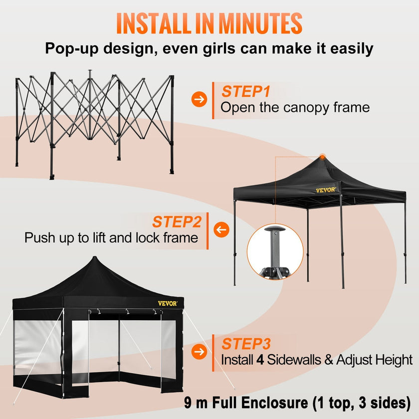 VEVOR Pop Up Canopy Tent, 10 x 10 FT, Outdoor Patio Gazebo Tent with Removable Sidewalls and Wheeled Bag, UV Resistant Waterproof Instant Gazebo Shelter for Party, Garden, Backyard, Black
