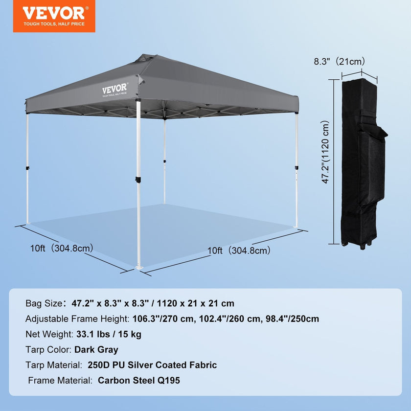 VEVOR Pop Up Canopy Tent, 10 x 10 ft, 250 D PU Silver Coated Tarp, with Portable Roller Bag and 4 Sandbags, Waterproof and Sun Shelter Gazebo for Outdoor Party, Camping, Commercial Events, Dark Gray