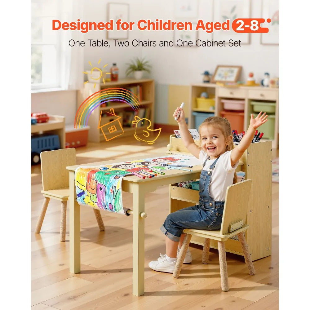 VEVOR Kids Art Table and Chair Set with Storage Cabinet, Wooden Toddler Activity Table, Craft Desk with 2 Chairs and 3-Tier Organizer for Drawing, Reading, Learning & Play, Light Wood