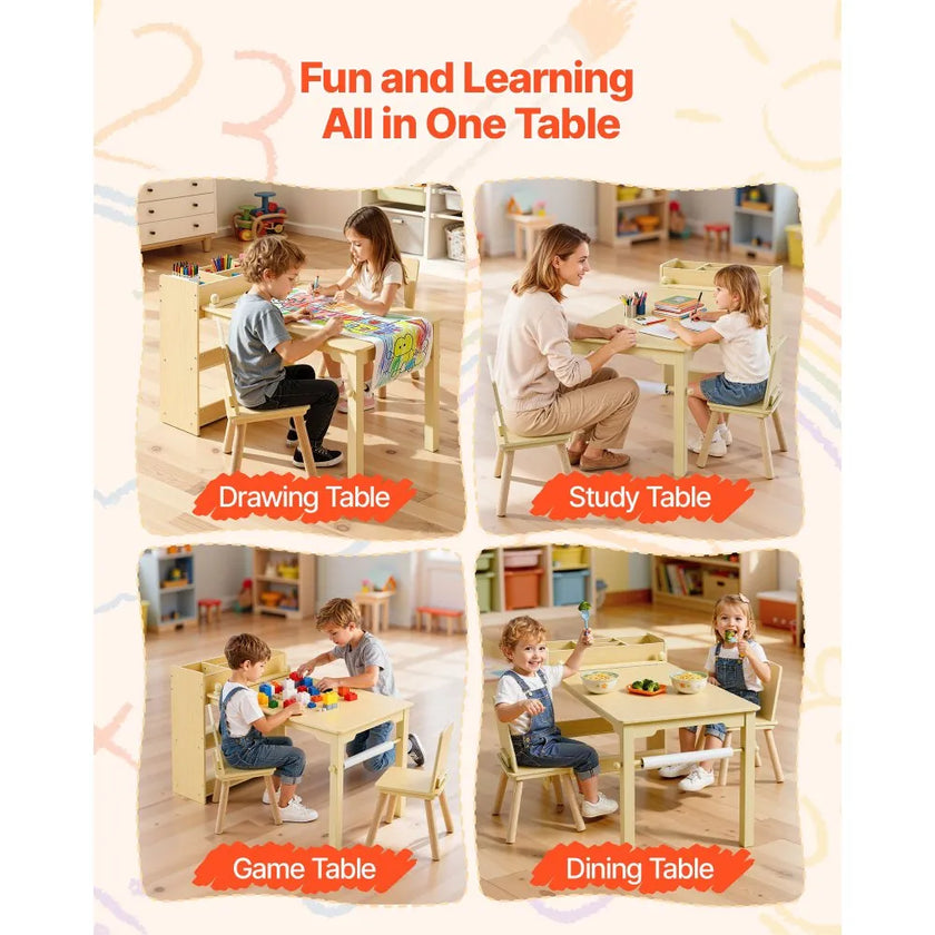 VEVOR Kids Art Table and Chair Set with Storage Cabinet, Wooden Toddler Activity Table, Craft Desk with 2 Chairs and 3-Tier Organizer for Drawing, Reading, Learning & Play, Light Wood
