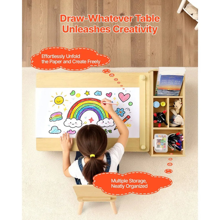 VEVOR Kids Art Table and Chair Set with Storage Cabinet, Wooden Toddler Activity Table, Craft Desk with 2 Chairs and 3-Tier Organizer for Drawing, Reading, Learning & Play, Light Wood