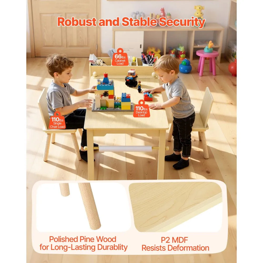 VEVOR Kids Art Table and Chair Set with Storage Cabinet, Wooden Toddler Activity Table, Craft Desk with 2 Chairs and 3-Tier Organizer for Drawing, Reading, Learning & Play, Light Wood
