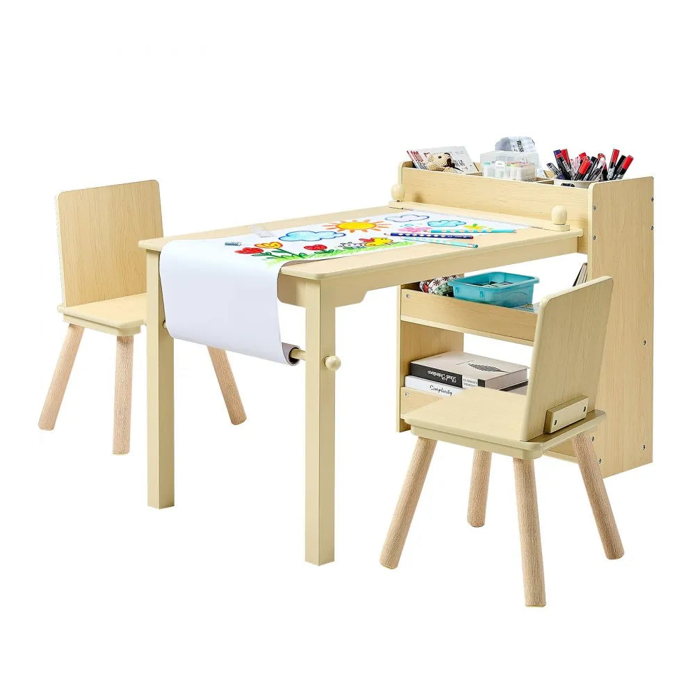 VEVOR Kids Art Table and Chair Set with Storage Cabinet, Wooden Toddler Activity Table, Craft Desk with 2 Chairs and 3-Tier Organizer for Drawing, Reading, Learning & Play, Light Wood