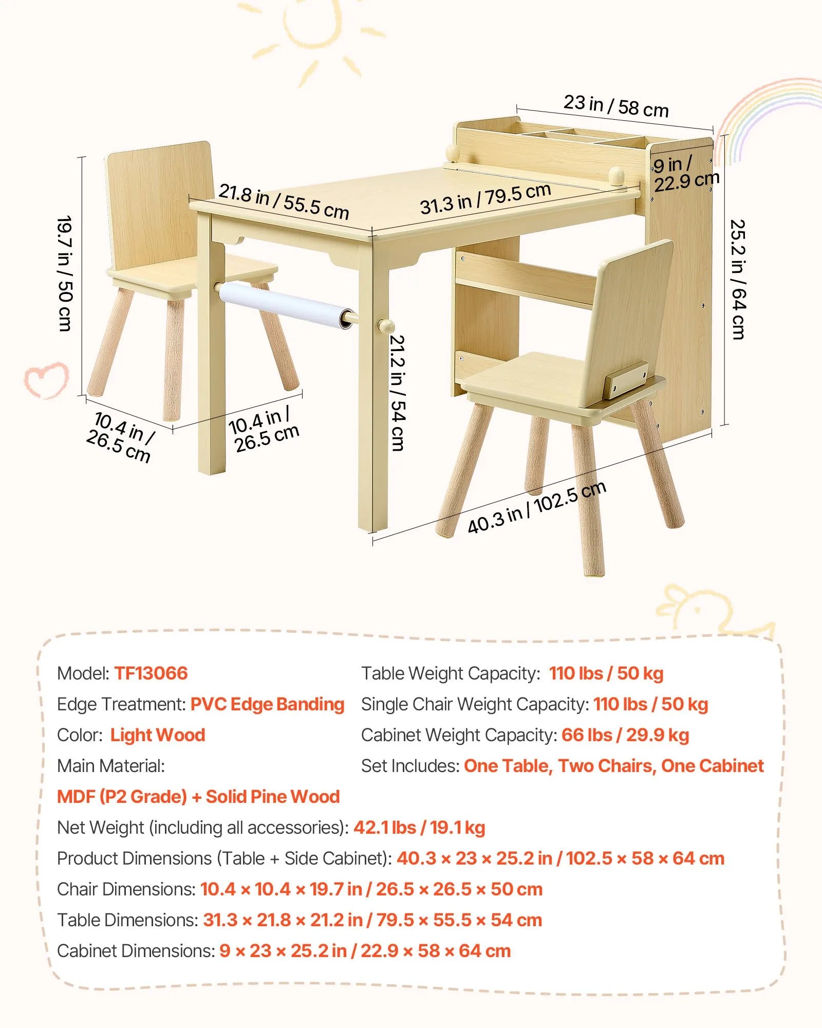 VEVOR Kids Art Table and Chair Set with Storage Cabinet, Wooden Toddler Activity Table, Craft Desk with 2 Chairs and 3-Tier Organizer for Drawing, Reading, Learning & Play, Light Wood