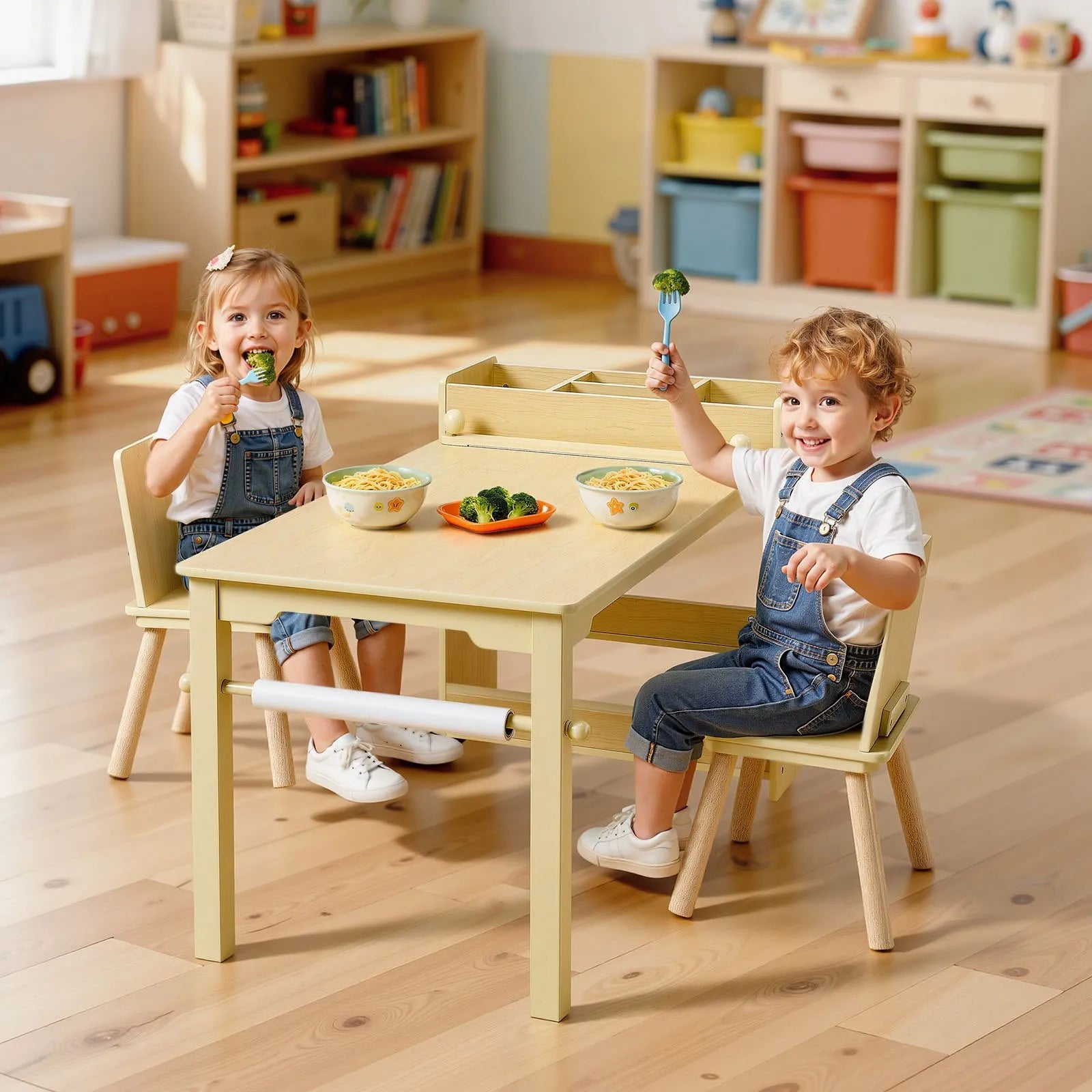 VEVOR Kids Art Table and Chair Set with Storage Cabinet, Wooden Toddler Activity Table, Craft Desk with 2 Chairs and 3-Tier Organizer for Drawing, Reading, Learning & Play, Light Wood
