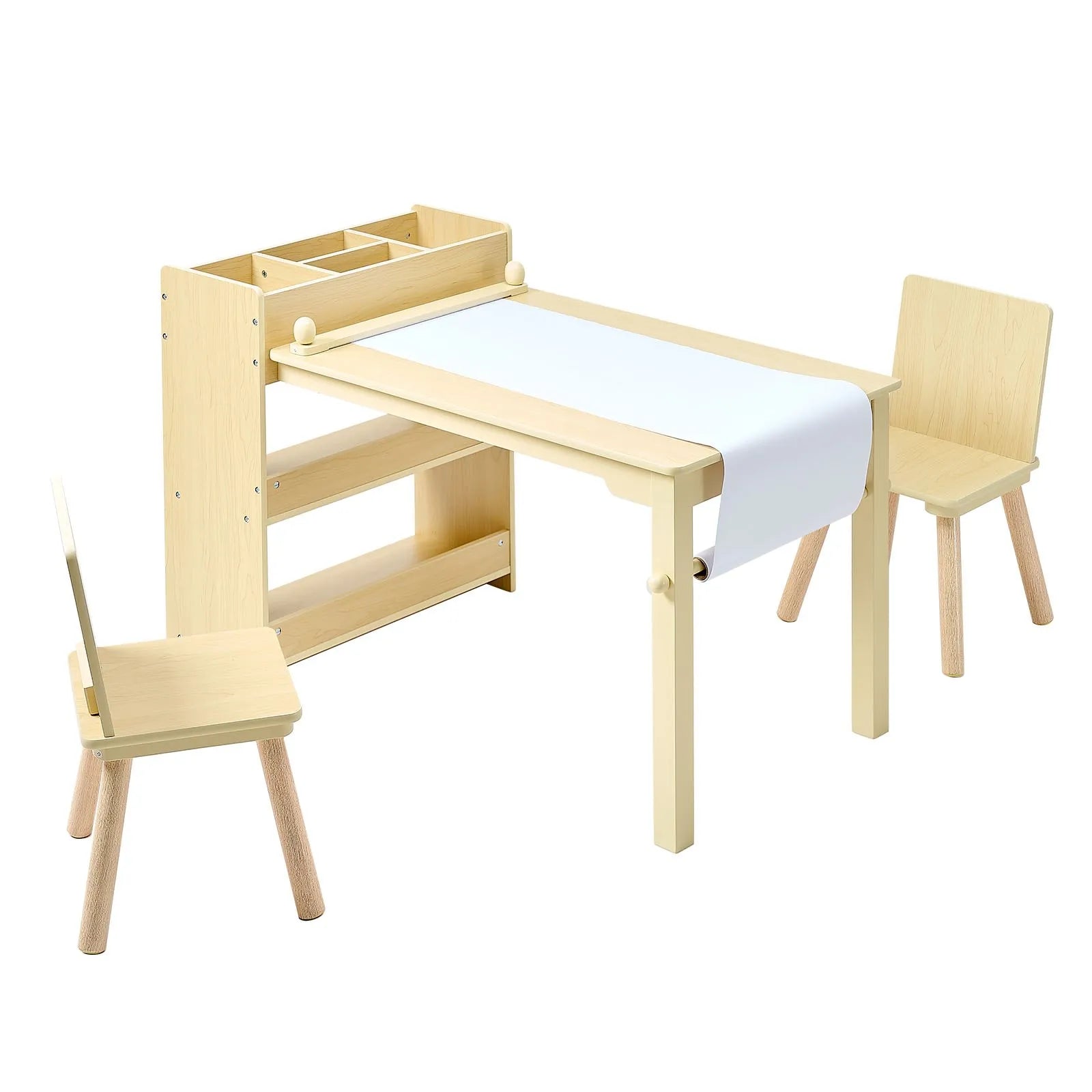 VEVOR Kids Art Table and Chair Set with Storage Cabinet, Wooden Toddler Activity Table, Craft Desk with 2 Chairs and 3-Tier Organizer for Drawing, Reading, Learning & Play, Light Wood