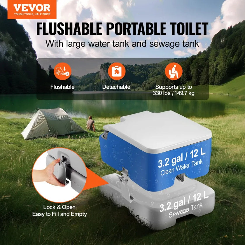 VEVOR Portable Toilet, Travel Camping Toilet, 3.2 Gal Commode Potty, Outdoor Portable Toilet, Indoor Portable Toilet, RV Toilet Flush, Boat Toilet, Leak-Proof Commode, Pressure Flush Toilet, Lightweight Travel Potty