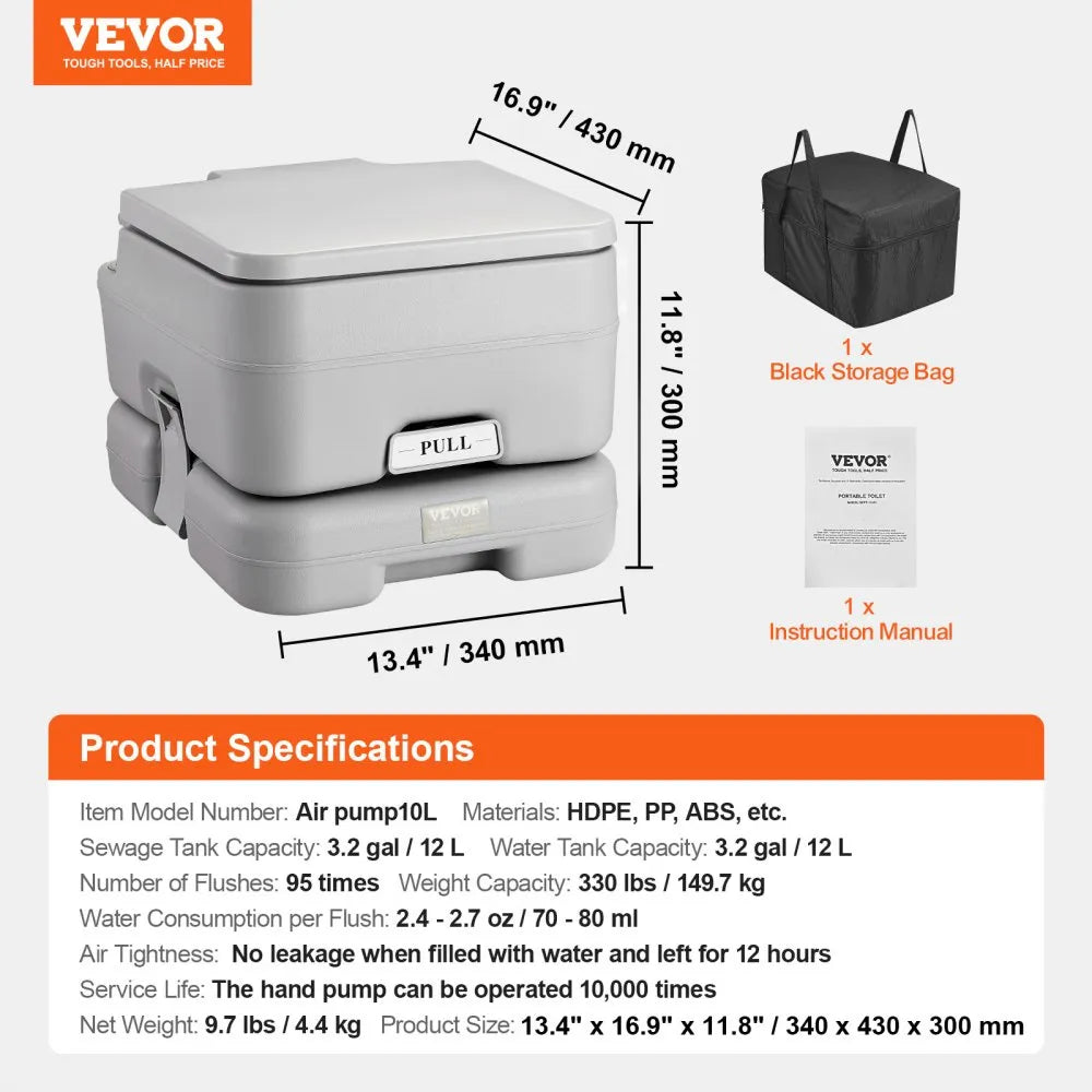 VEVOR Portable Toilet, Travel Camping Toilet, 3.2 Gal Commode Potty, Outdoor Portable Toilet, Indoor Portable Toilet, RV Toilet Flush, Boat Toilet, Leak-Proof Commode, Pressure Flush Toilet, Lightweight Travel Potty