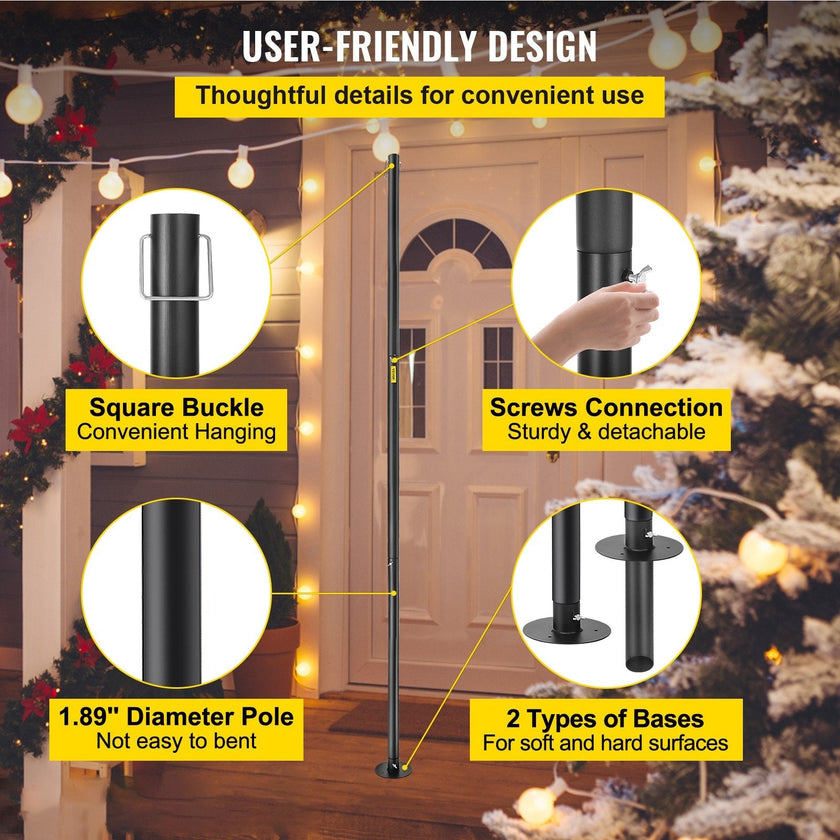 VEVOR String Light Poles, 4 Pack 10.6 FT, Outdoor Powder Coated Steel Lamp Post with Hooks to Hang Lantern and Flags, Decorate Garden, Backyard, Patio, Deck, for Party and Wedding, Black