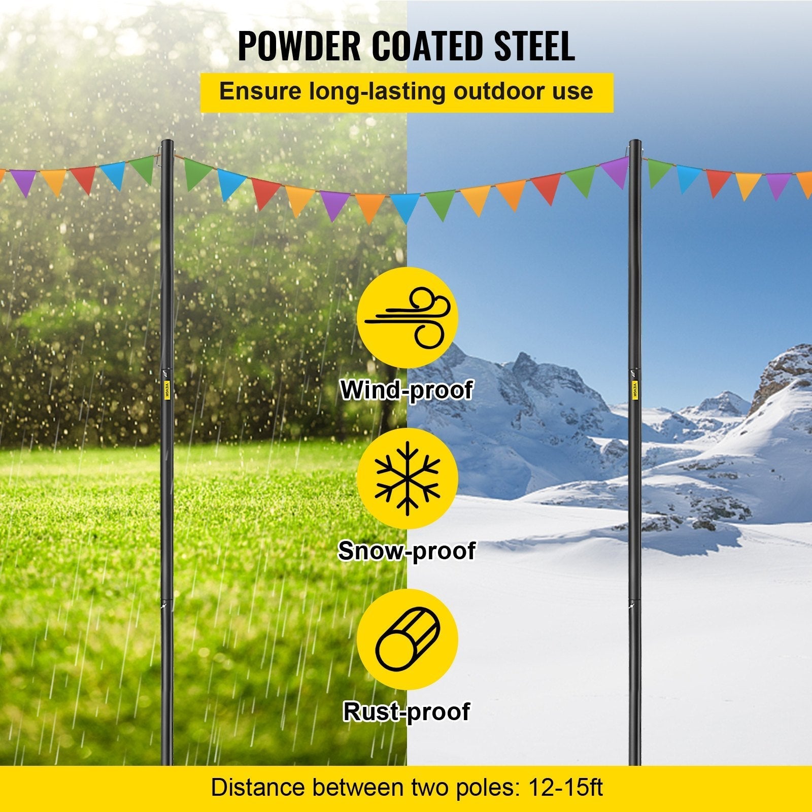 VEVOR String Light Poles, 4 Pack 10.6 FT, Outdoor Powder Coated Steel Lamp Post with Hooks to Hang Lantern and Flags, Decorate Garden, Backyard, Patio, Deck, for Party and Wedding, Black