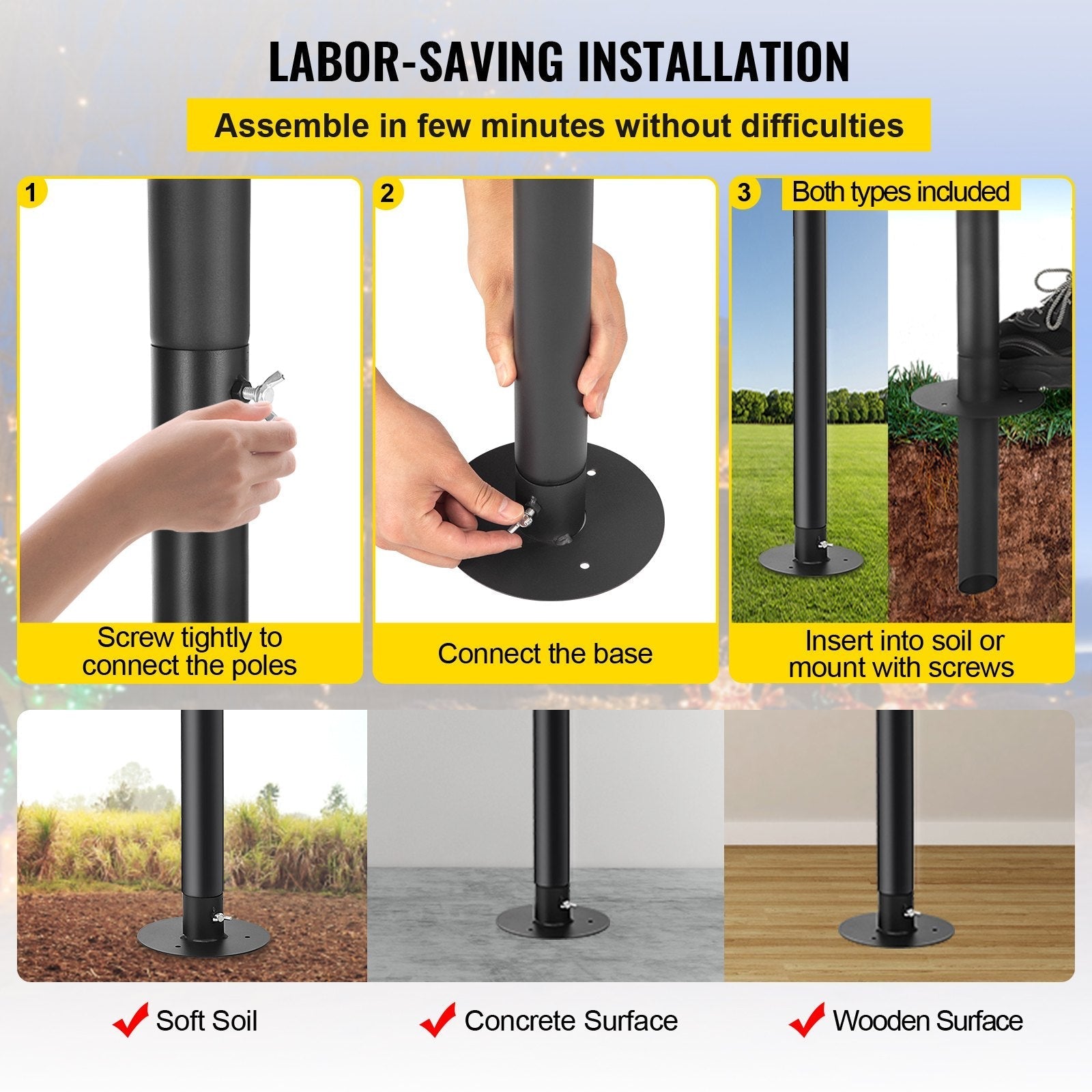 VEVOR String Light Poles, 4 Pack 10.6 FT, Outdoor Powder Coated Steel Lamp Post with Hooks to Hang Lantern and Flags, Decorate Garden, Backyard, Patio, Deck, for Party and Wedding, Black