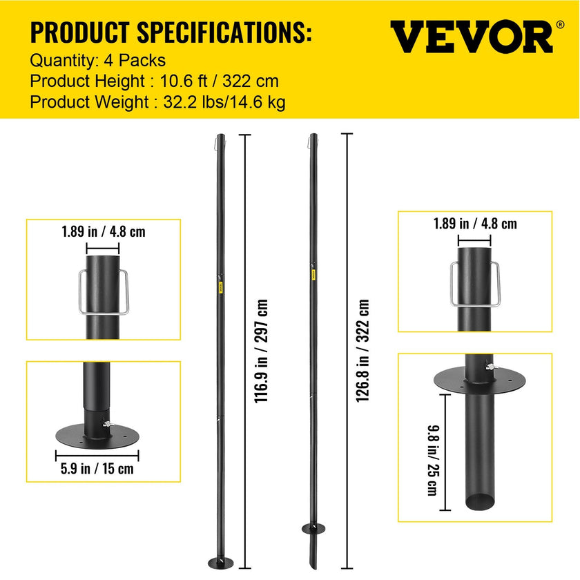 VEVOR String Light Poles, 4 Pack 10.6 FT, Outdoor Powder Coated Steel Lamp Post with Hooks to Hang Lantern and Flags, Decorate Garden, Backyard, Patio, Deck, for Party and Wedding, Black