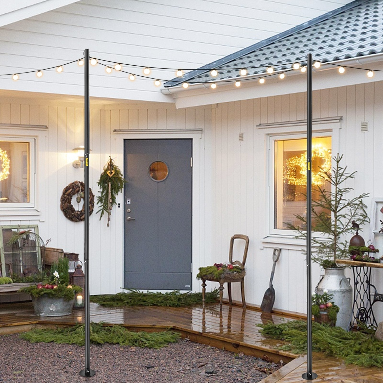 VEVOR String Light Poles, 4 Pack 10.6 FT, Outdoor Powder Coated Steel Lamp Post with Hooks to Hang Lantern and Flags, Decorate Garden, Backyard, Patio, Deck, for Party and Wedding, Black