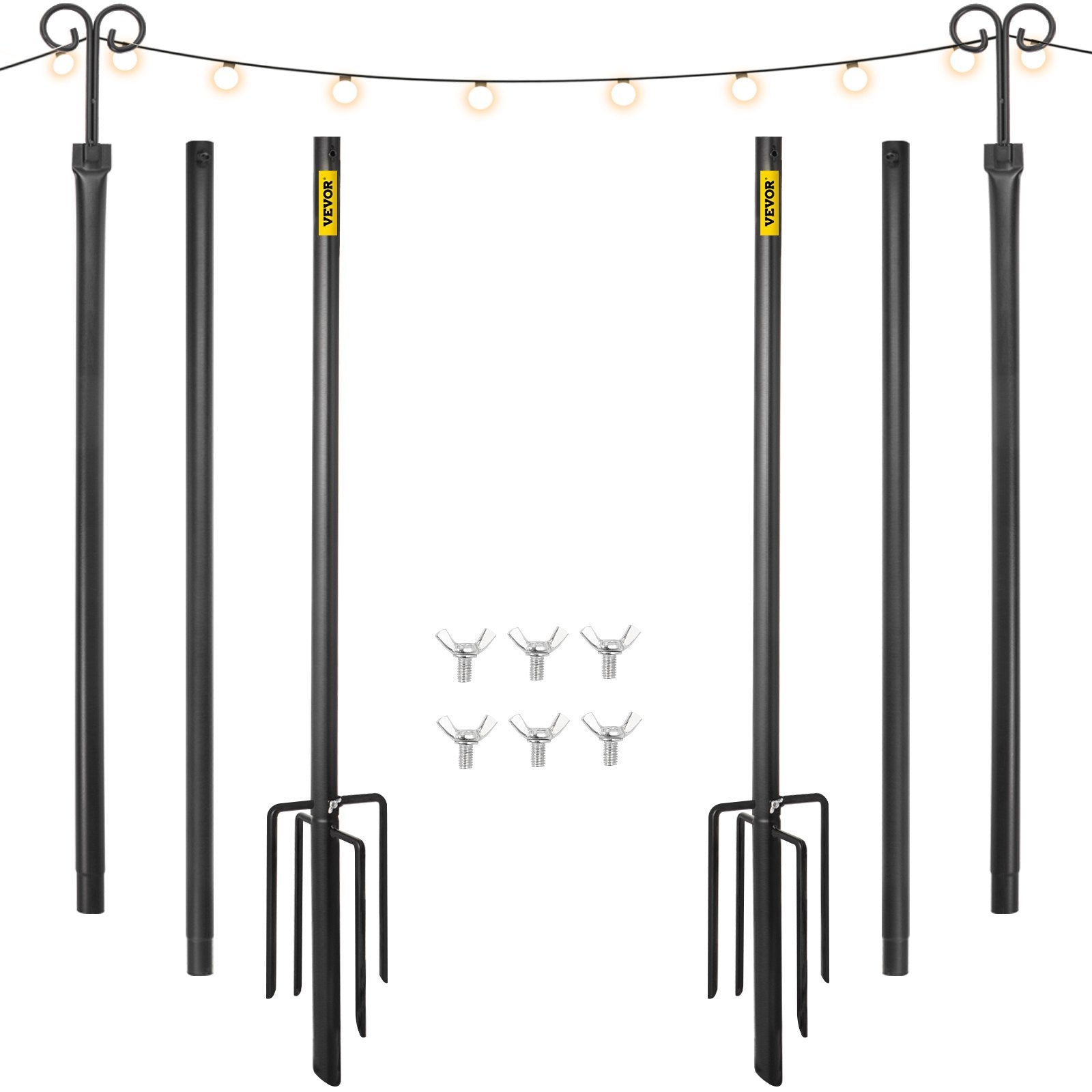 VEVOR String Light Poles, 2 Pack 9.7 FT, Outdoor Powder Coated Steel Lamp Post with Hooks to Hang Lantern and Flags, Decorate Garden, Backyard, Patio, Deck, for Party and Wedding, Black