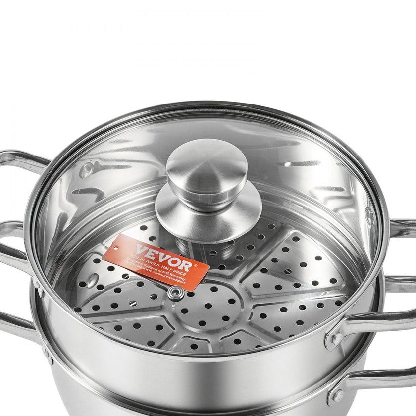 VEVOR Steamer Pot, 8.66in/22cm Steamer Pot for Cooking with 3QT Stock Pot and Vegetable Steamer, Large Capacity Stainless Steel Food Steamer Cookware with Lid for Gas Electric Induction Grill Stove