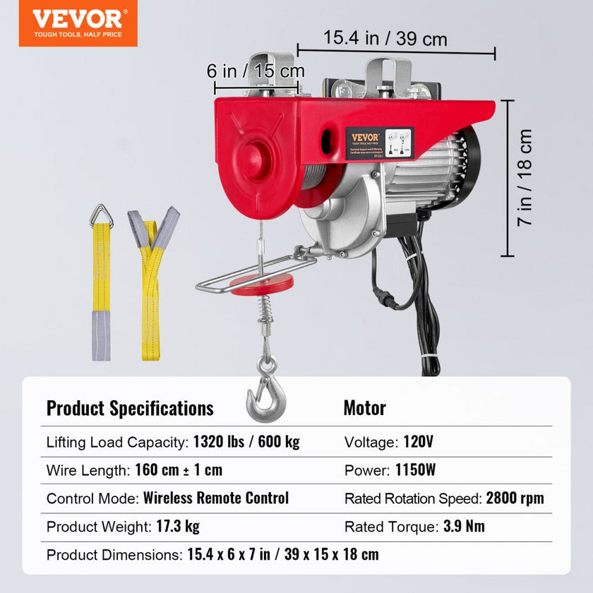 VEVOR Electric Hoist, 1320 lbs Lifting Capacity, 1150W 110V Electric Steel Wire Winch with Wireless Remote Control, 40ft Single Cable Lifting Height & Pure Copper Motor, for Garage Warehouse Factory