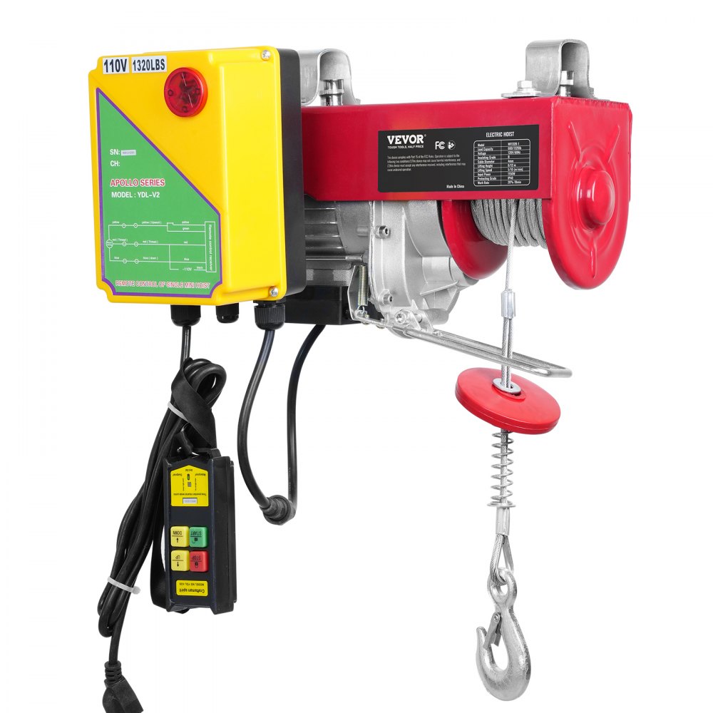 VEVOR Electric Hoist, 1320 lbs Lifting Capacity, 1150W 110V Electric Steel Wire Winch with Wireless Remote Control, 40ft Single Cable Lifting Height & Pure Copper Motor, for Garage Warehouse Factory