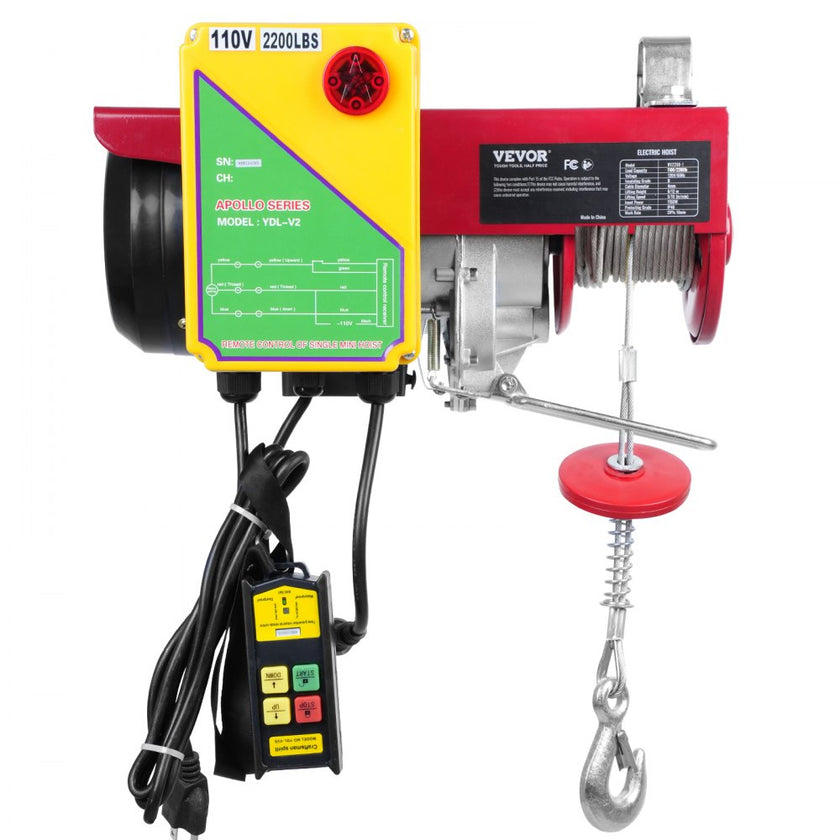 VEVOR Electric Hoist, 2200 lbs Lifting Capacity, 1600W 110V Electric Steel Wire Winch with Wireless Remote Control, 40ft Single Cable Lifting Height & Pure Copper Motor, for Garage Warehouse Factory