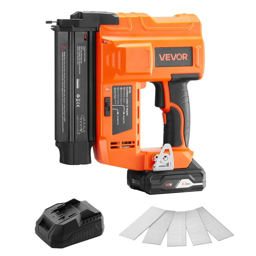 VEVOR Cordless Brad Nailer, 18 Gauge, 20V Battery Powered Nail Gun, with 500 pcs Nails, 2.0 Ah Li-ion Battery and Charger, Adjustable Nailing Depth, for Home Improvement, Woodworking, DIY Project