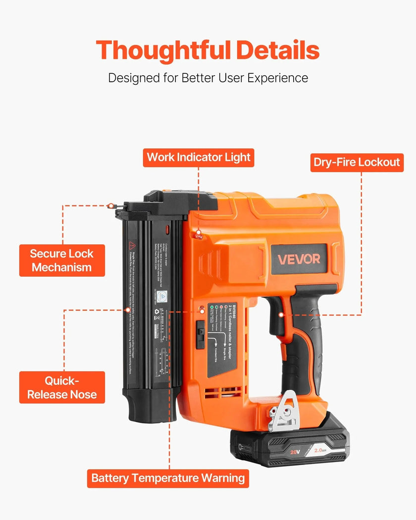 VEVOR 2-in-1 Cordless Brad Nailer, 18 Gauge, 20V Battery Powered Nail Gun and Staple Gun, with 500 pcs Nails, 500 pcs Staples, 2.0 Ah Li-ion Battery and Charger, for Home Improvement, Woodworking