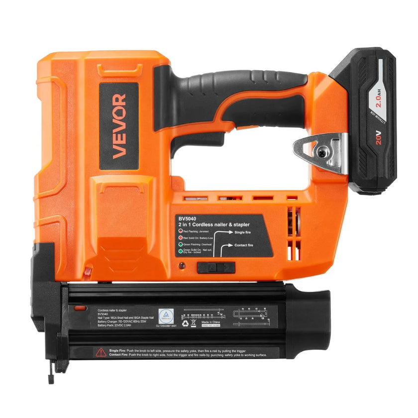 VEVOR 2-in-1 Cordless Brad Nailer, 18 Gauge, 20V Battery Powered Nail Gun and Staple Gun, with 500 pcs Nails, 500 pcs Staples, 2.0 Ah Li-ion Battery and Charger, for Home Improvement, Woodworking