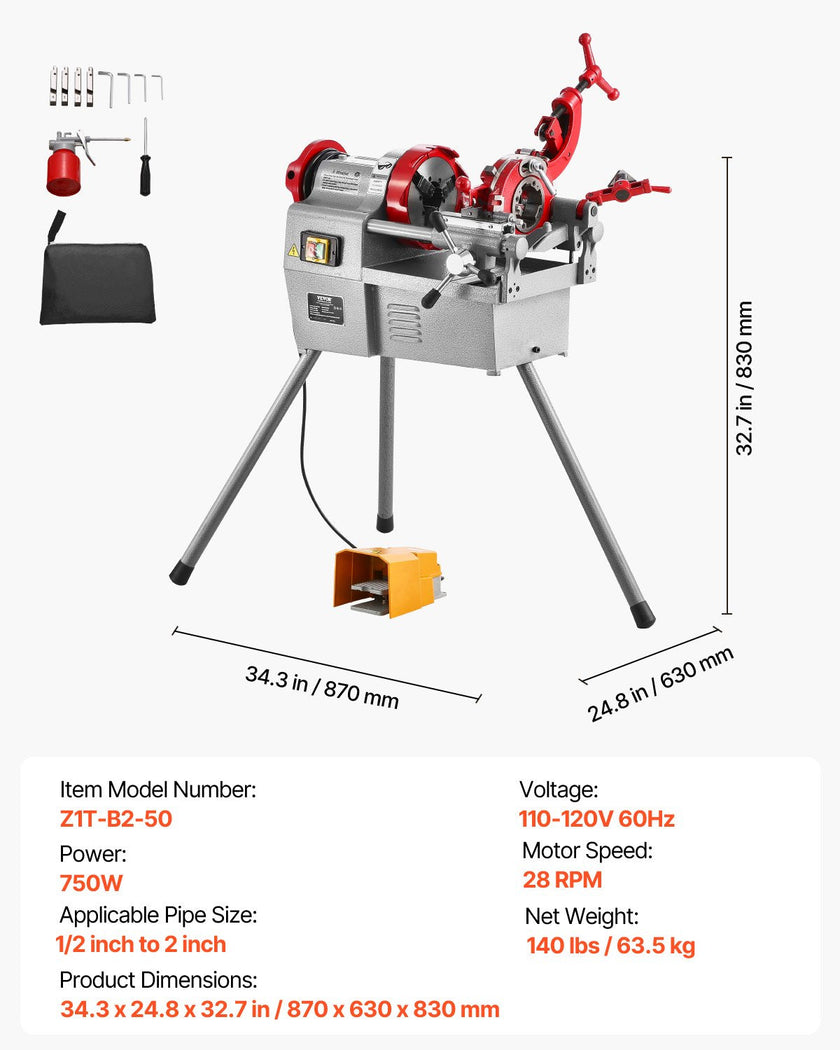 VEVOR Electric Pipe Threader Machine 750W Threading Machine for 1/2
