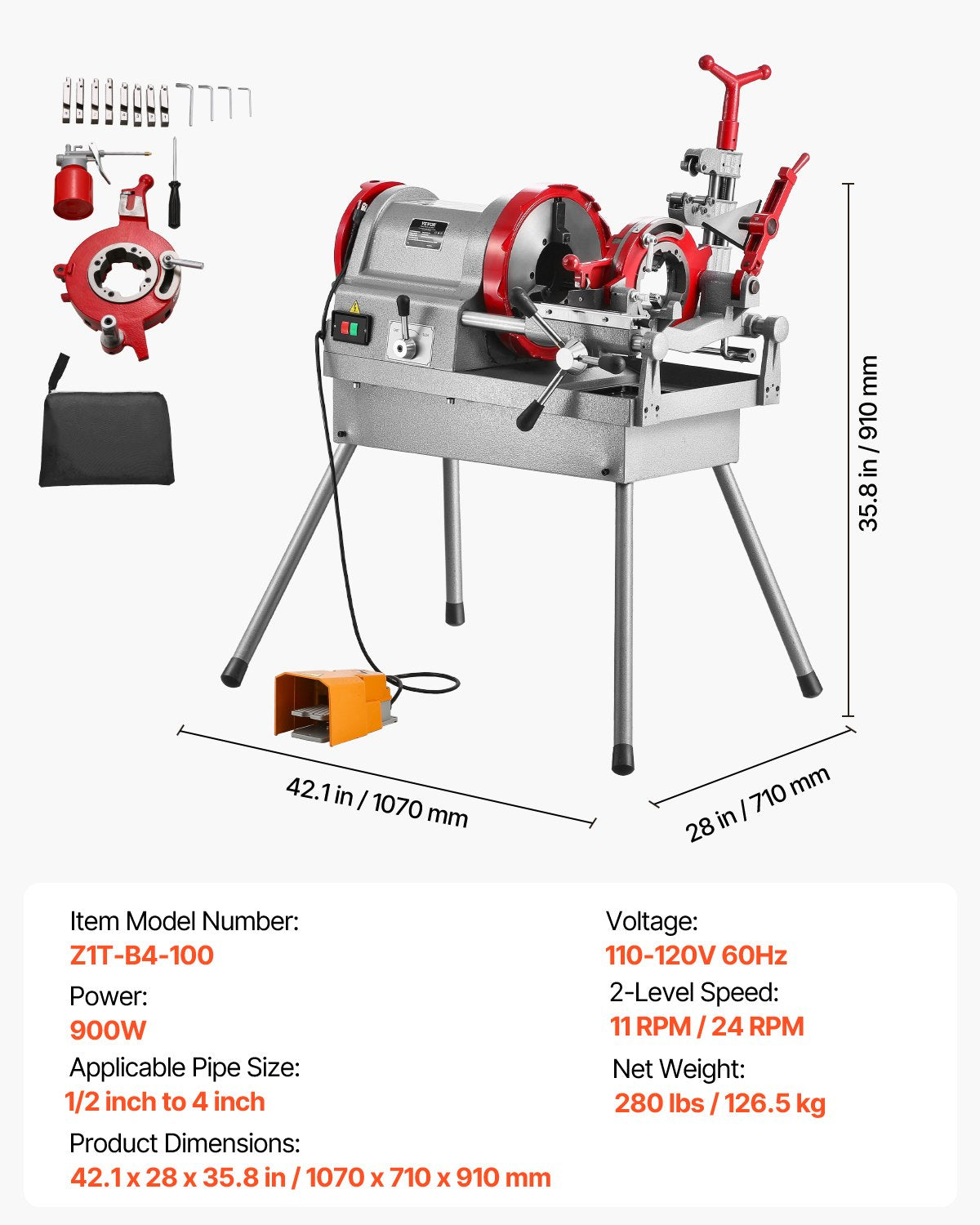 VEVOR Electric Pipe Threader Machine 900W Threading Machine for 1/2