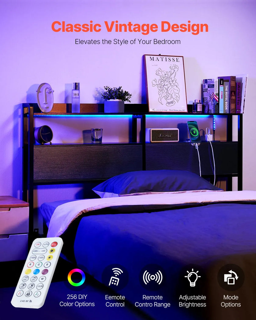 VEVOR Headboard for Queen Size Bed Head Board with 2 Shelves & LED Light Black