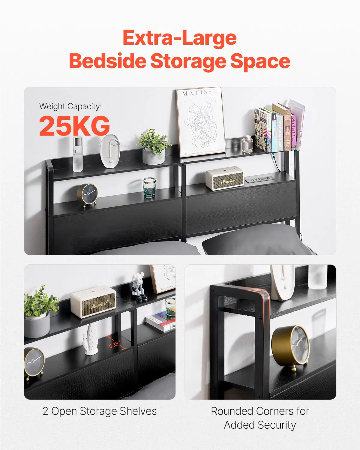 VEVOR Headboard for Queen Size Bed Head Board with 2 Shelves & LED Light Black