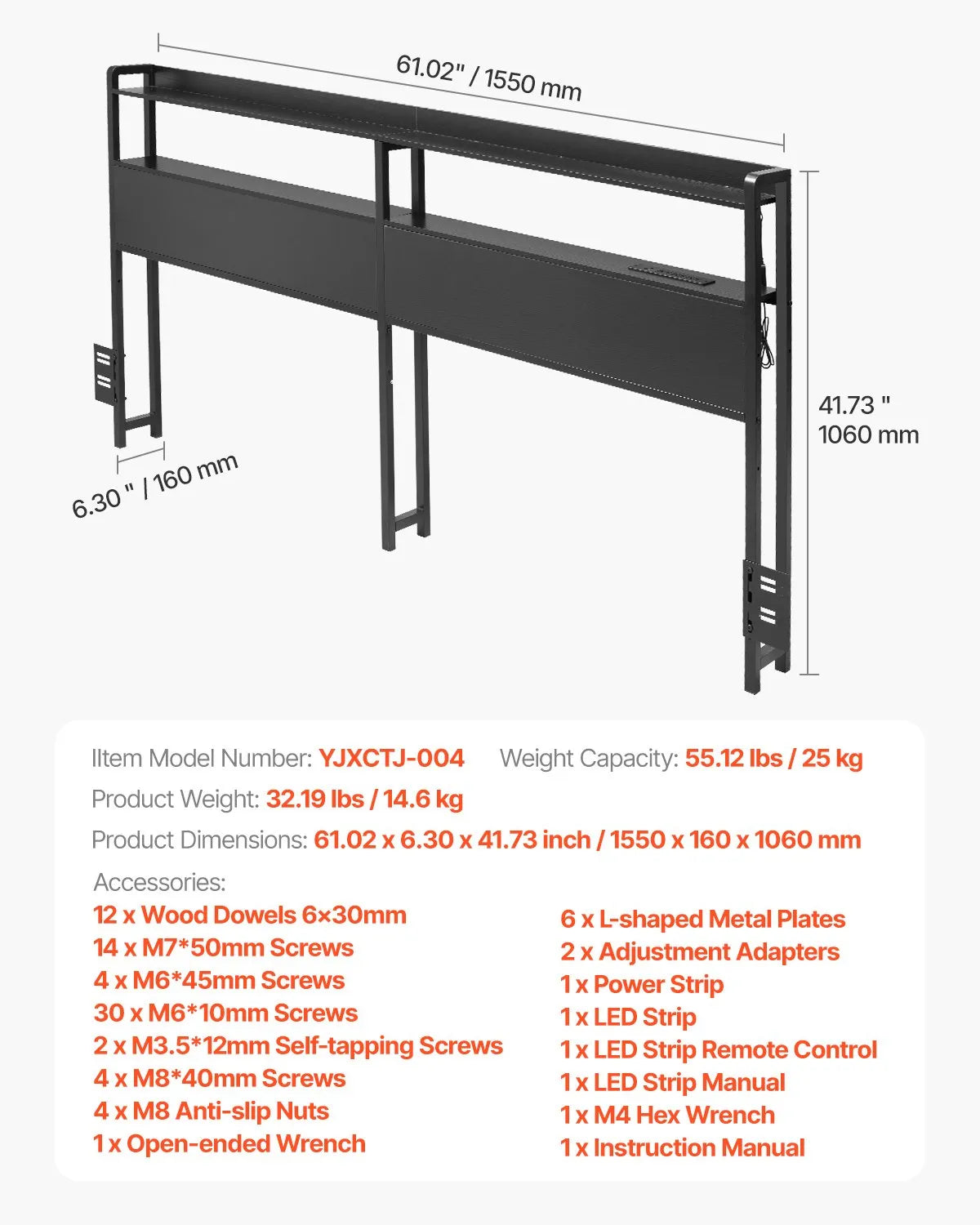VEVOR Headboard for Queen Size Bed Head Board with 2 Shelves & LED Light Black