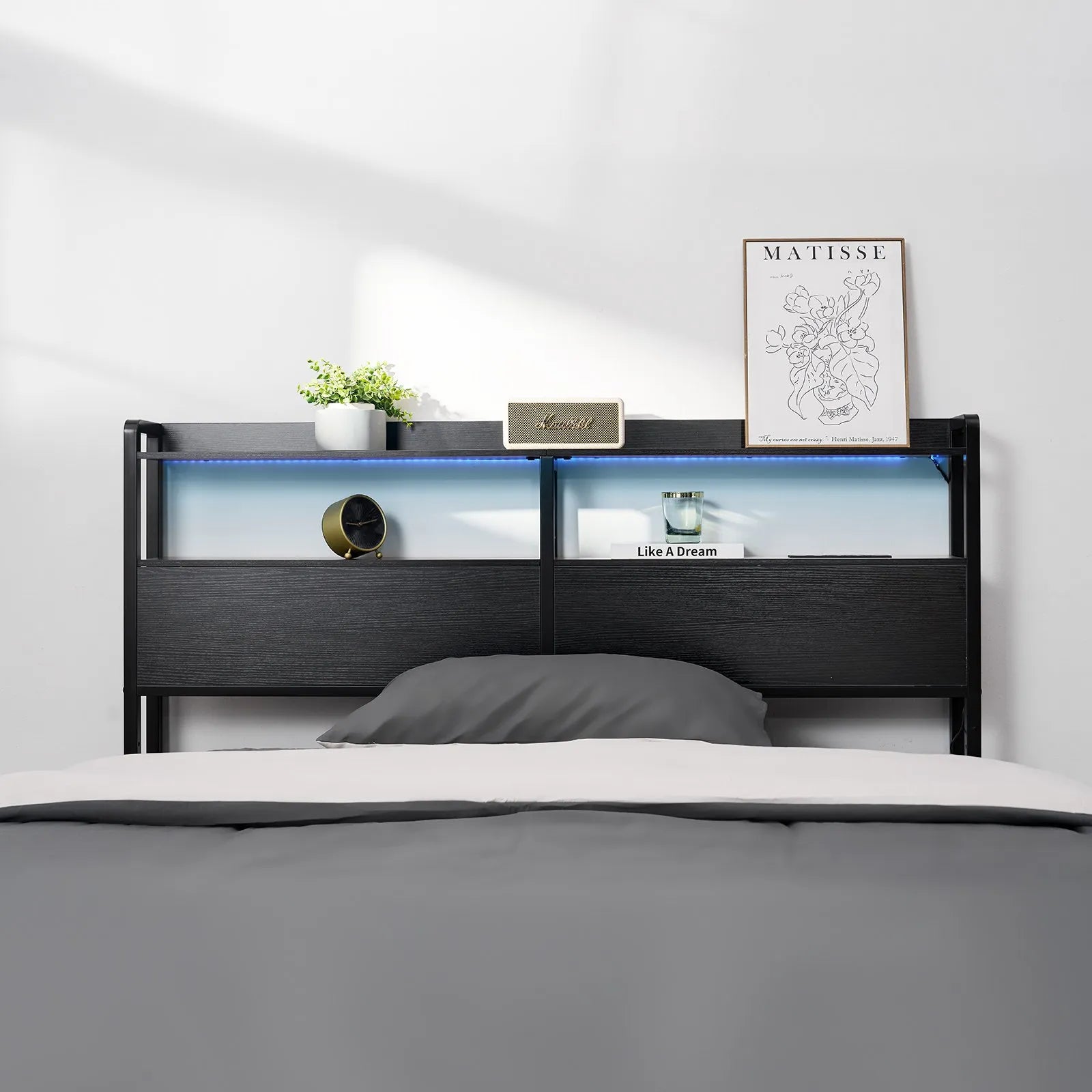 VEVOR Headboard for Queen Size Bed Head Board with 2 Shelves & LED Light Black