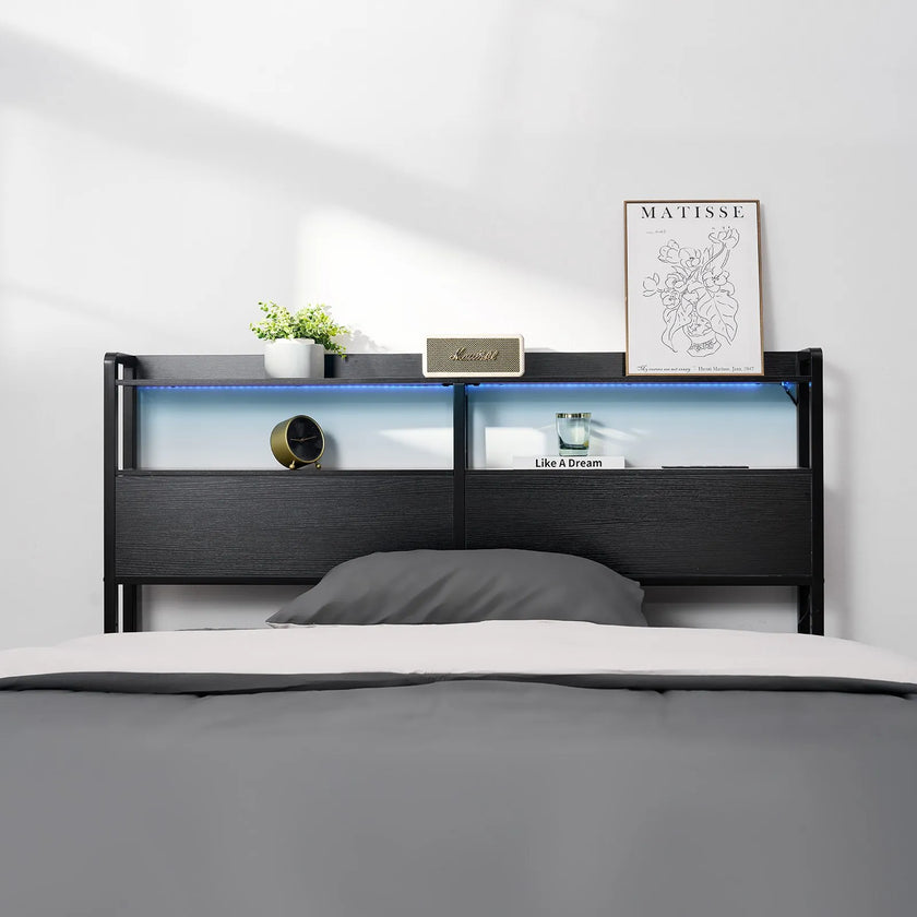VEVOR Headboard for Queen Size Bed Head Board with 2 Shelves & LED Light Black