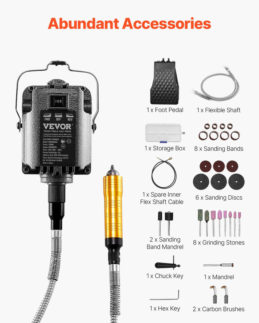 VEVOR Flex Shaft Grinder 1000W 30000RPM with Foot Pedal & 31PCS Accessories